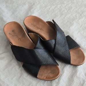 Vionic Leticia Women's Black Leather Slip On Wedge Sandals Summer Shoes